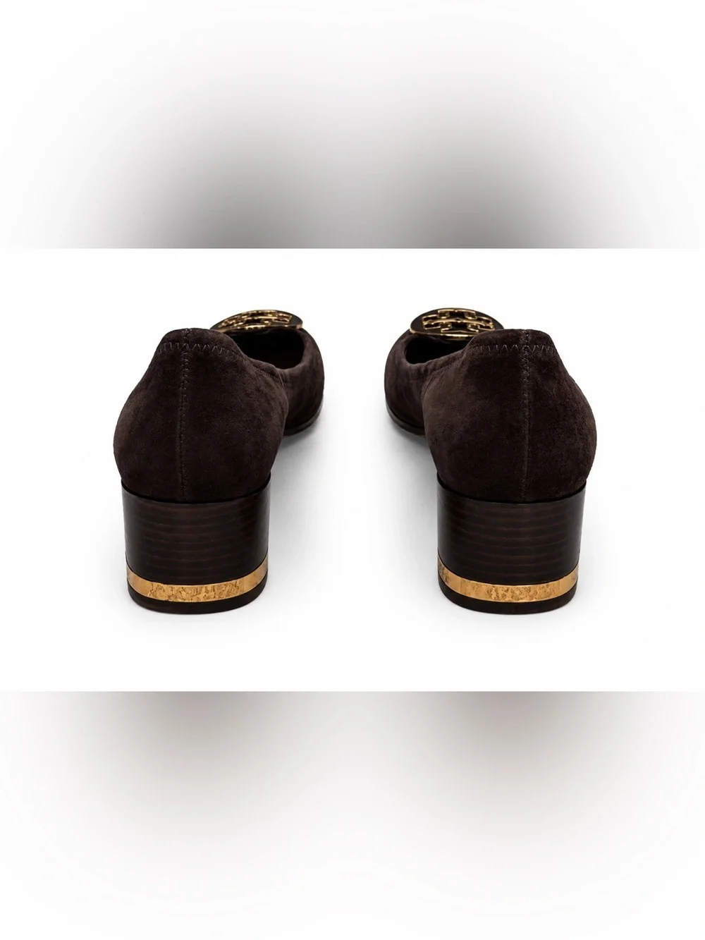 Tory Burch Brown Suede Block Heel Pumps Women’s Size 6.5M Gold Logo Shoes
